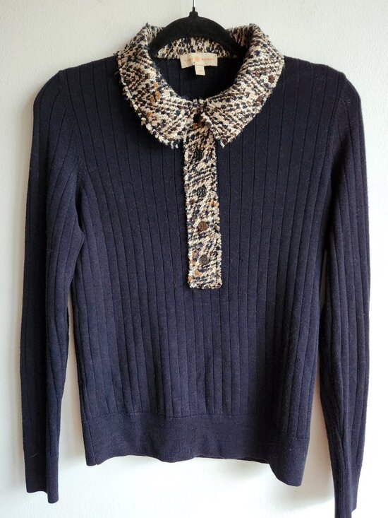 Tory Burch Sweaters - Tory Burch Navy Merino Wool & Tweed Long Sleeve Sweater - M